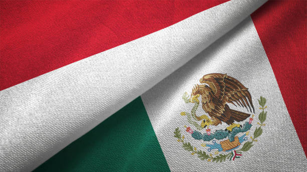istock Mexico and Indonesia two flags together textile cloth fabric texture 1093214482