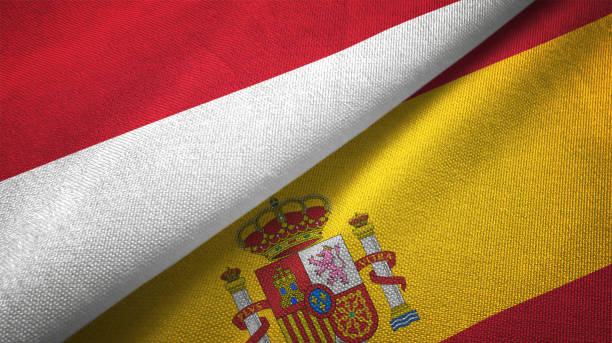 istock Spain and Indonesia two flags together textile cloth fabric texture 1093215826
