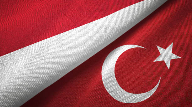 istock Turkey and Indonesia two flags together textile cloth fabric texture 1093216990