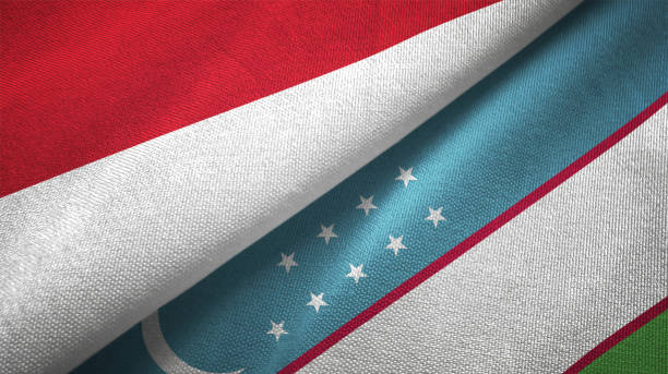istock Uzbekistan and Indonesia two flags together textile cloth fabric texture 1093217106