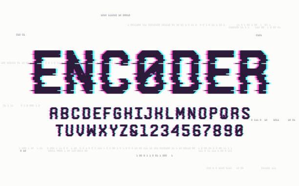 technologie san patka velká písmena a čísla, abeceda, písmo, typografie s digitálním šumem, zkreslení, závadový efekt. - problémy stock ilustrace