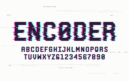 Technology san serif uppercase letters and numbers, alphabet, font, typography with digital noise, distortion, glitch effect. Vector illustration.