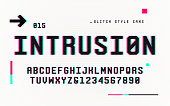 istock Technology san serif uppercase letters and numbers, alphabet, font, typography with digital noise, distortion, glitch effect. 1093217396