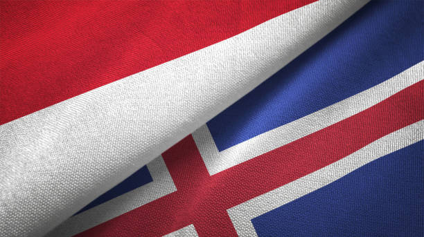 istock Iceland and Indonesia two flags together textile cloth fabric texture 1093217680