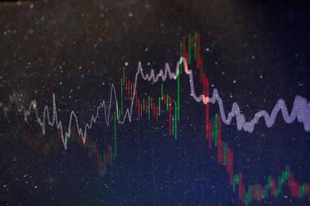istock financial candlestick chart with line graph and stock numbers on gradient blue color background 1093222720