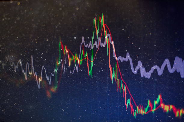 istock financial candlestick chart with line graph and stock numbers on gradient blue color background 1093222982