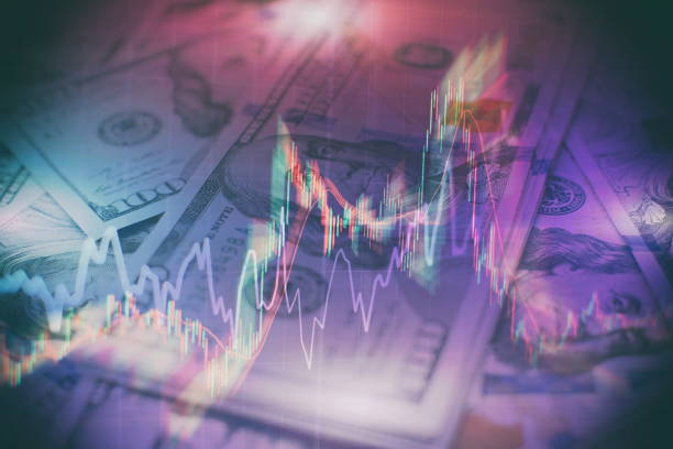 istock financial candlestick chart with line graph and stock numbers on gradient blue color background 1093224864
