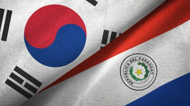 Photo of Paraguay and South Korea two flags together textile cloth fabric texture