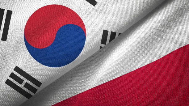 istock Poland and South Korea two flags together textile cloth fabric texture 1093229504