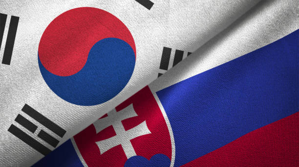 istock Slovakia and South Korea two flags together textile cloth fabric texture 1093229586