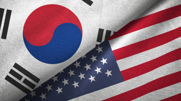 estados unidos y corea del sur dos banderas juntas textil tela textura de la tela - corea del sur fotografías e imágenes de stock