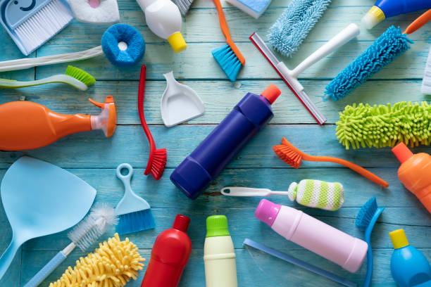 istock House cleaning product on wood table 1093232640