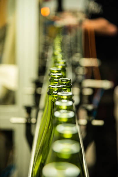 bottiglie di champagne in linea - bottling plant winery wine industry foto e immagini stock