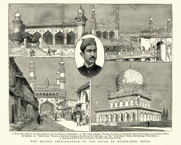 Installation of the Nizam of Hyderabad, India, 19th Century Vintage engraving of Installation of the Nizam of Hyderabad, India. The Graphic, 1884 hyderabad india stock illustrations