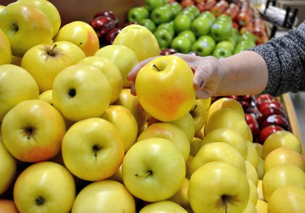 Lifestyle...A customer is selecting a Golden Delicious Apple from a fruit bin.