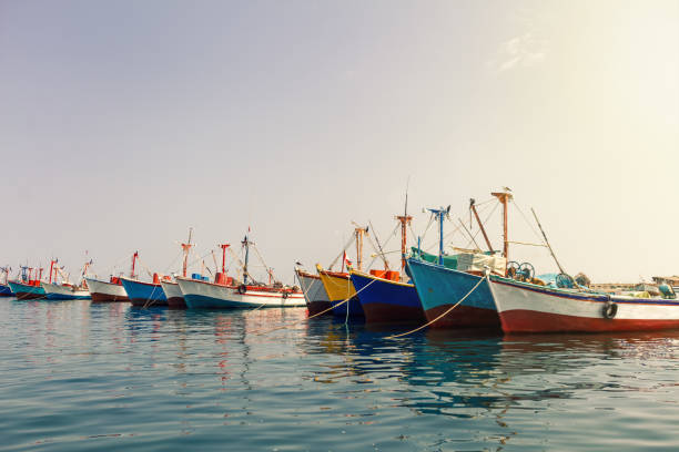 kolorowe łodzie rybackie zakotwiczone na molo w paracas, peru - ice fishing zdjęcia i obrazy z banku zdjęć