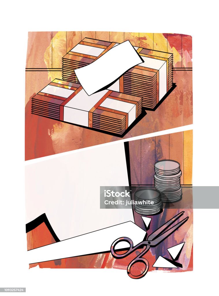 Bundles of notes, cut paper, columns of coins and scissors Bundles of notes, cut paper, columns of coins and scissors on a textured watercolor background in the form of comic strip windows. Raster illustration Currency stock illustration