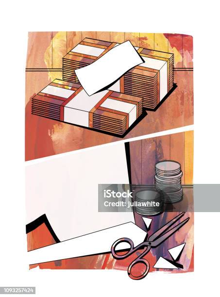 Bundles Of Notes Cut Paper Columns Of Coins And Scissors Stock Illustration - Download Image Now