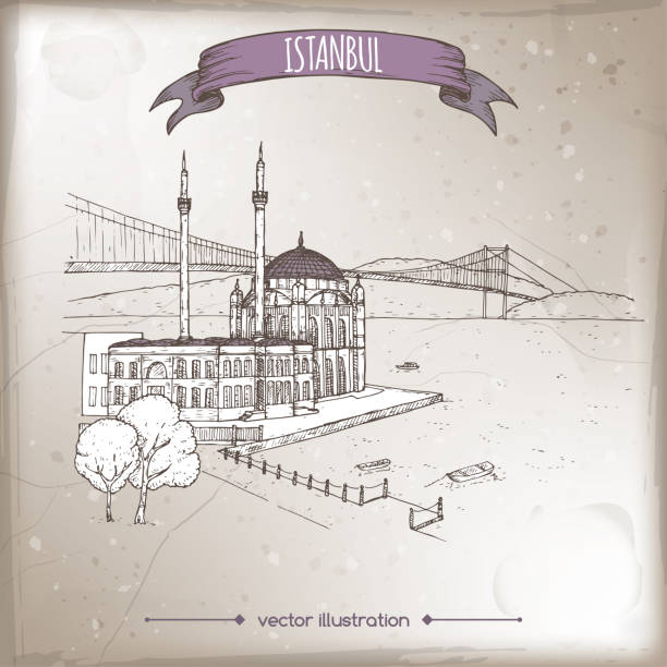 ilustraciones, imágenes clip art, dibujos animados e iconos de stock de vintage viajes ilustración con la mezquita de ortakoy y puente sobre el bósforo en estambul, turquía. boceto dibujado de la mano. - ortakoy mosque bridge bosphorus istanbul