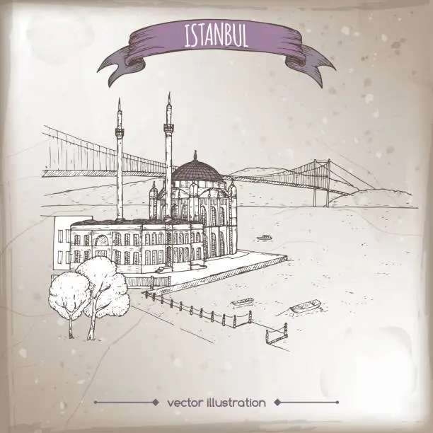 Vector illustration of Vintage travel illustration with Ortakoy Mosque and bridge over Bosphorus in Istanbul, Turkey. Hand drawn sketch.