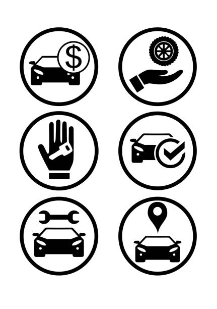 Set of icons with a car. Purchase, sale, repair. - ilustração de arte vetorial