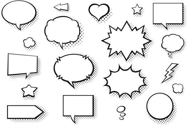 Blank comic books speech bubbles. Black and white speech balloons with halftone pattern shadows Vector comic books speech balloons carefully grouped in layers panel digital enhancement stock illustrations