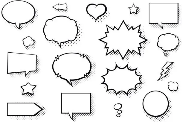 Vector illustration of Blank comic books speech bubbles. Black and white speech balloons with halftone pattern shadows