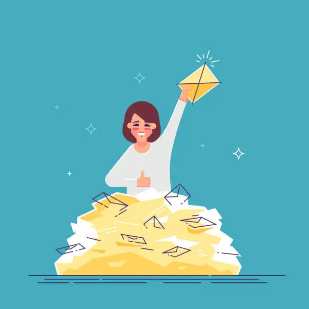 Vector illustration of Positive businesswoman found the right letter in a heap of e-mails. Concept of direct mail, email, spam. Modern vector flat illustration.