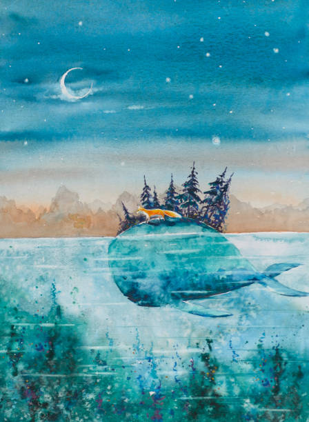 Whale and fox Children book illustration -whale and fox traveling together. Picture made with watercolors. childhood illustrations stock illustrations