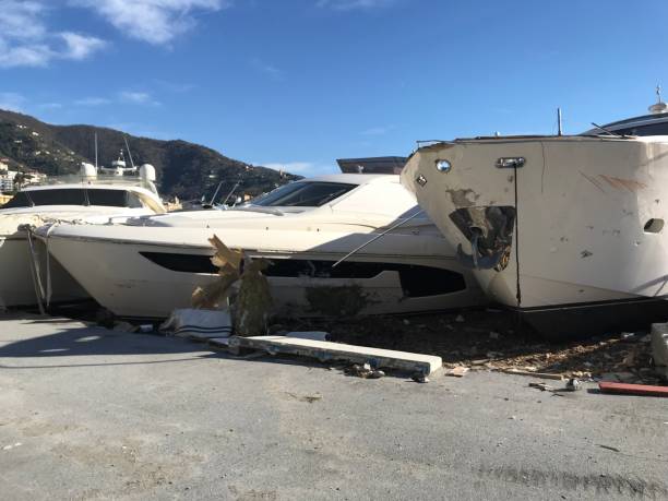 istock Yachts destroyed by storm hurricane in Rapallo, Italy 1093276740