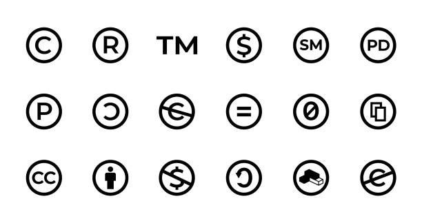 zestaw znaków licencyjnych i praw autorskich ze znakiem towarowym, creative commons, domeną publiczną i innymi ikonami - commons stock illustrations