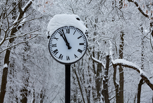 Clock with snow and trees