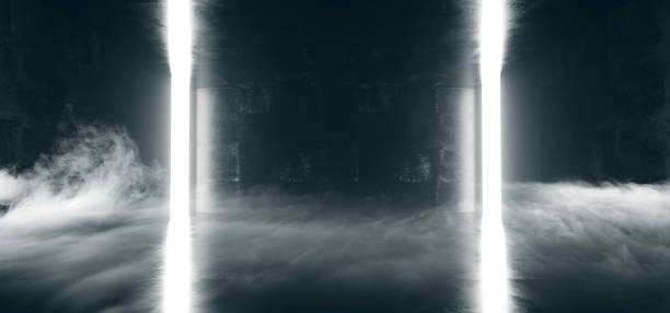 istock Sci Fi Modern Minimalistic Vertical Shaped Neon Led Glowing White Lines In Smoke Fog Dark Room With Grunge Concrete Reflective Floor Walls 3D Rendering 1093280948