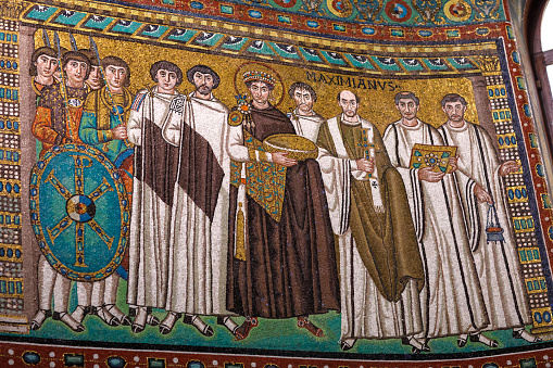 Famous mosaic in early christian church San Vitale in Ravenna founded by byzantine king Jusinian and queen Theodora.