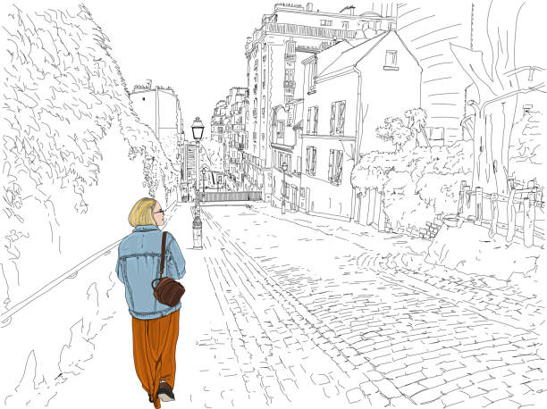 ilustrações, clipart, desenhos animados e ícones de rua montmartre - cobblestone