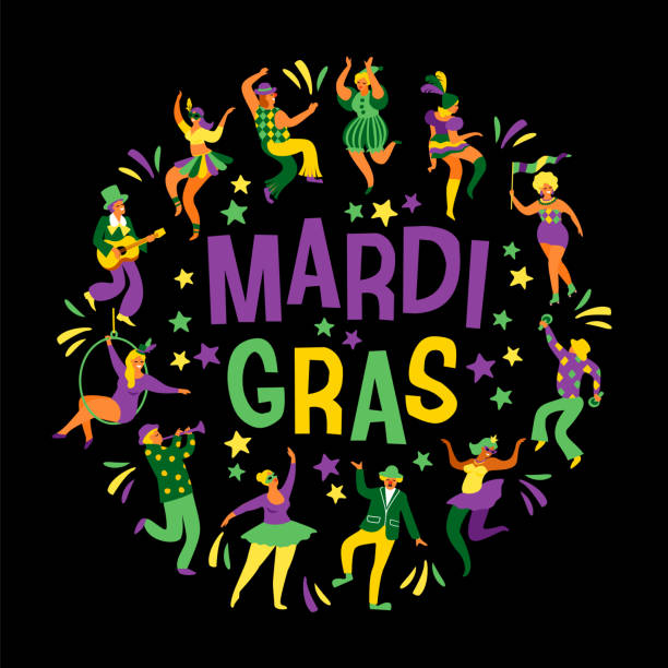 Mardi Gras. Vector illustration of funny dancing men and women in bright costumes Mardi Gras. Vector illustration of funny dancing men and women in bright costumes. Design element for carnival concept and other users mardi gras stock illustrations