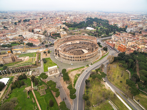 Aerial shot of the Colosseum in Rome, Italy