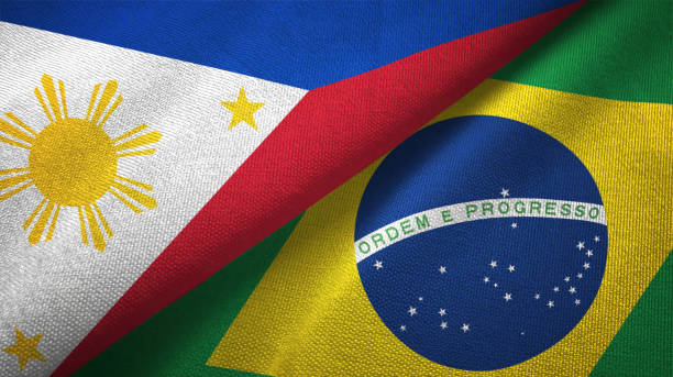 istock Brazil and Philippines two flags together textile cloth fabric texture 1093301750
