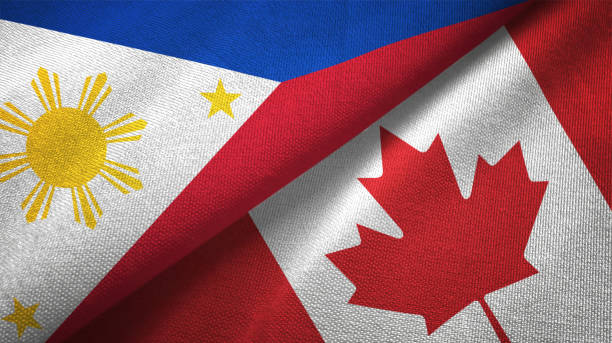 Canada and Philippines two flags together textile cloth fabric texture