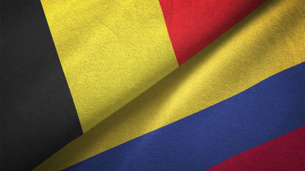 istock Colombia and Belgium two flags together textile cloth fabric texture 1093307118