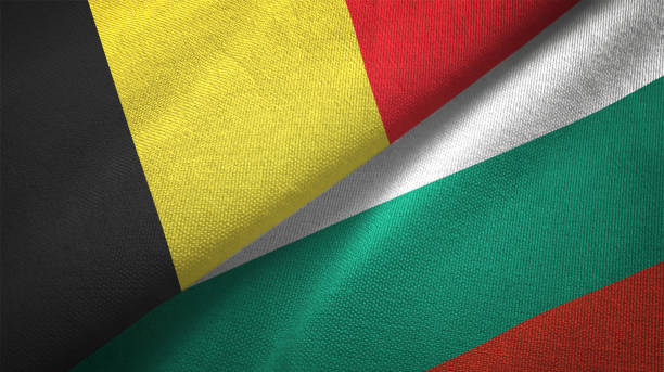 istock Bulgaria and Belgium two flags together textile cloth fabric texture 1093307122