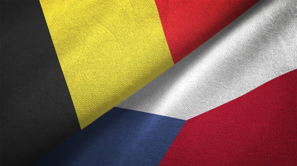 istock Czech Republic and Belgium two flags together textile cloth fabric texture 1093307154