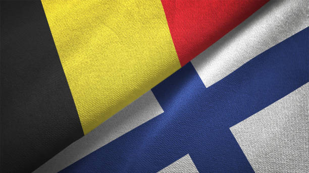 istock Finland and Belgium two flags together textile cloth fabric texture 1093307256