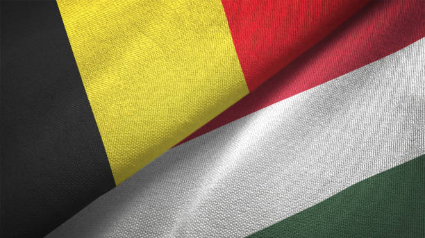 istock Hungary and Belgium two flags together textile cloth fabric texture 1093307348