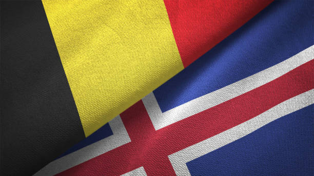 istock Iceland and Belgium two flags together textile cloth fabric texture 1093307372