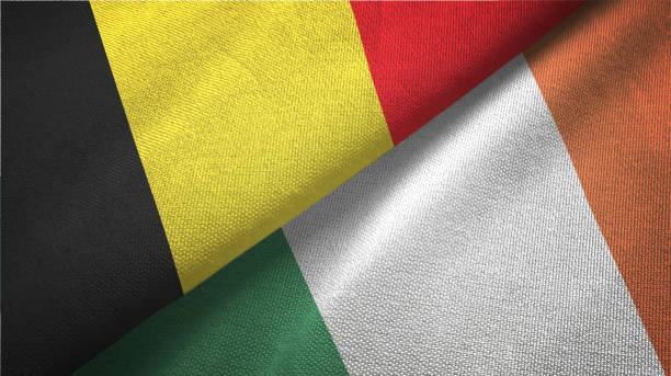istock Ireland and Belgium two flags together textile cloth fabric texture 1093307426