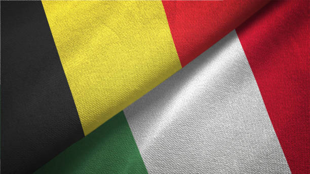 istock Italy and Belgium two flags together textile cloth fabric texture 1093307442