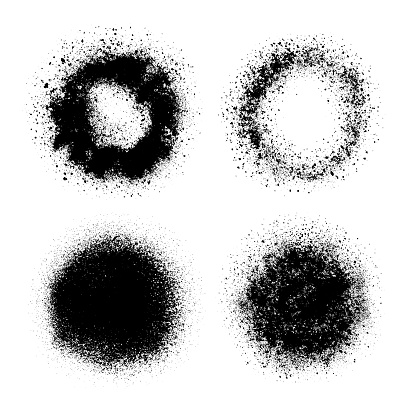 Circle grunge design elements. Crushed charcoal isolated black on white background. Black powder, dust, different shapes. Set of vector texture images. Round shapes.