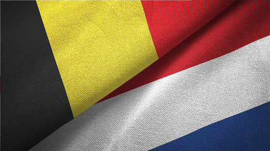 Netherlands and Belgium two flags together textile cloth fabric texture