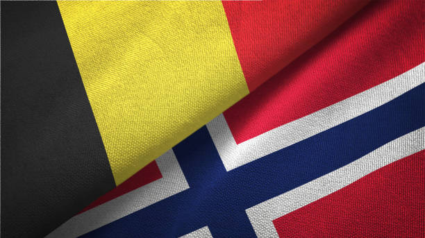 istock Norway and Belgium two flags together textile cloth fabric texture 1093307816